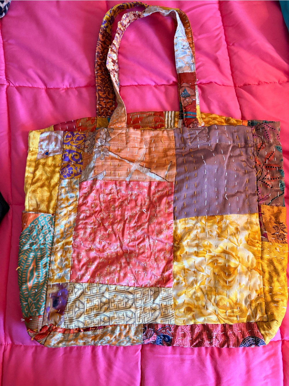 Cost Plus World Market Patchwork Tote in Pink, Yellow, Orange, Purple, Blue